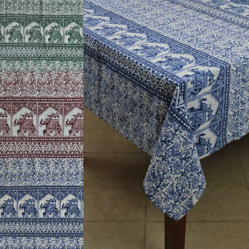 Handmade Floral Elephant Print Cotton Rectangular Tablecloth 60 x 90 inches Blue Green Burgundy Kitchen Table Linen