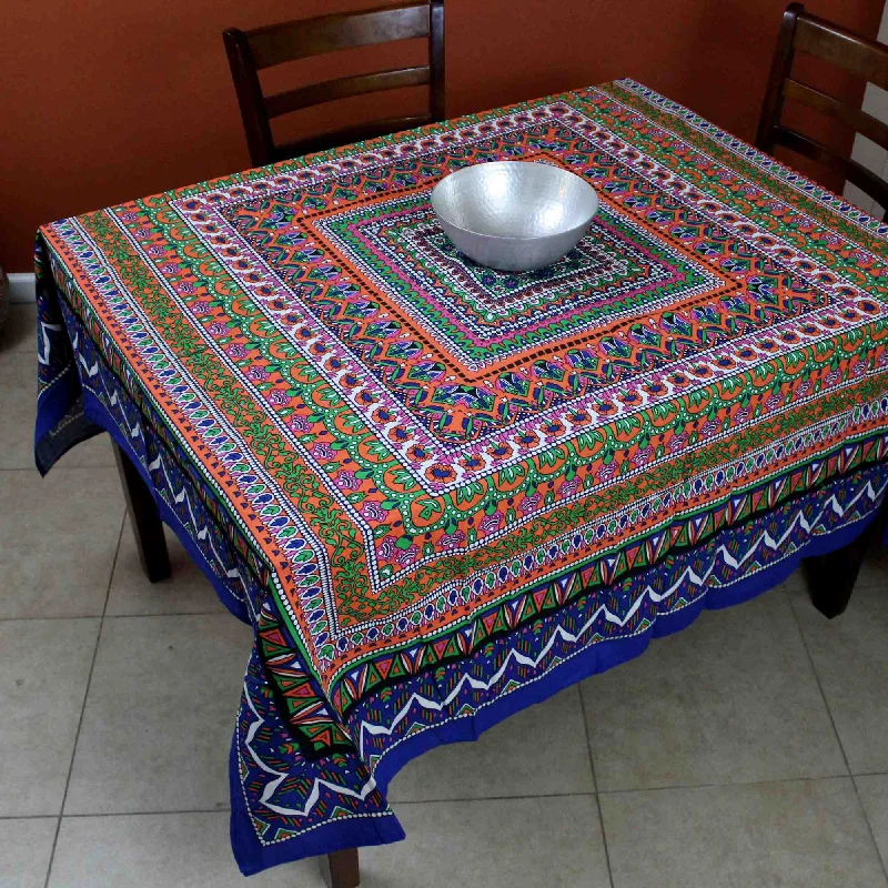 Floral Mandala Cotton Tablecloth Square, Blue Orange Beach Sheet