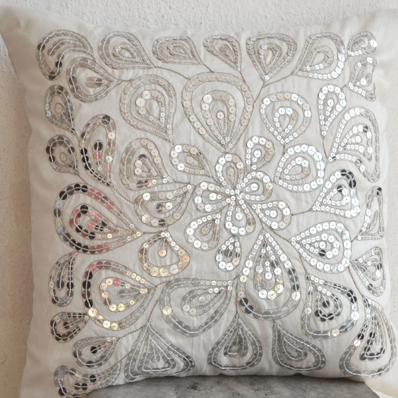 Ivory white throw pillows with silver sequins - Dazzling pillow cover- Cushion cover zipper - Throw pillow - Spring Summer gift - 16X16