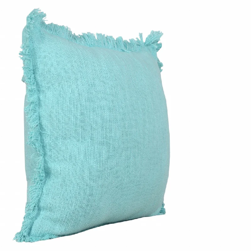 20" X 20" Aqua 100% Cotton Zippered Pillow With Fringe