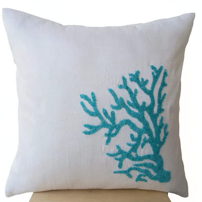 Decorative Pillow Cover Embroidered With Turquoise Blue Coral On White Silk