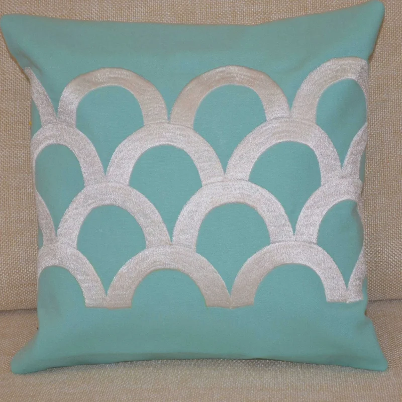 Sea Waves Teal Cushion Cover Teal Pillow with Ivory White Silk Embroidery Easter gift 16X16 pillow