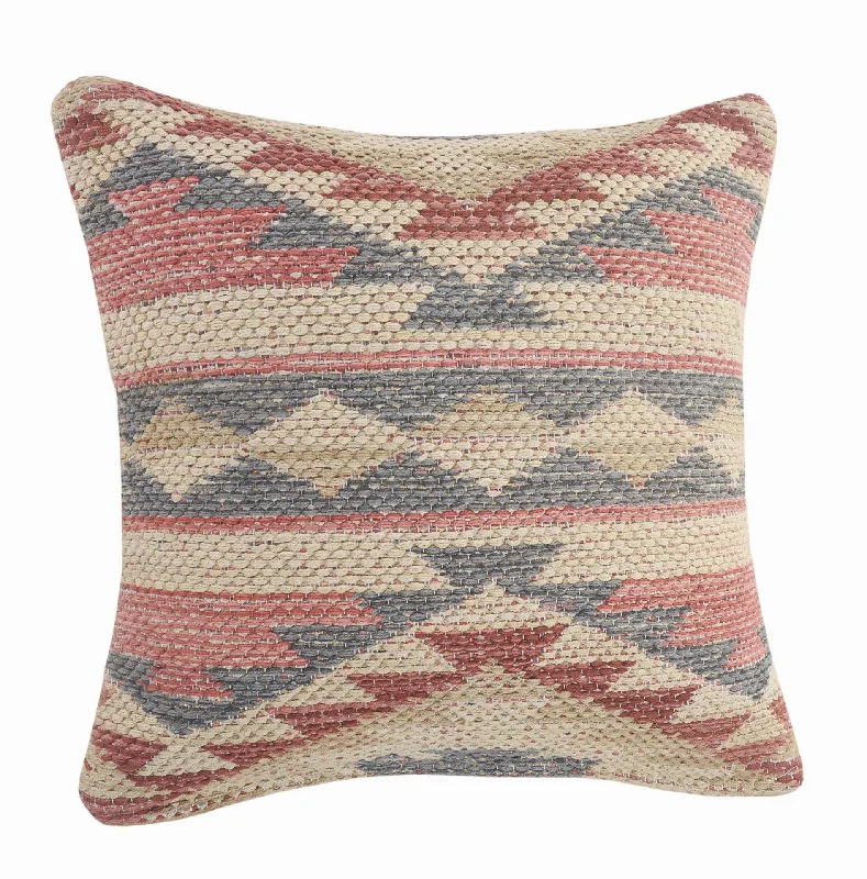 18" X 18" Blue Cream And Red 100% Cotton Geometric Zippered Pillow