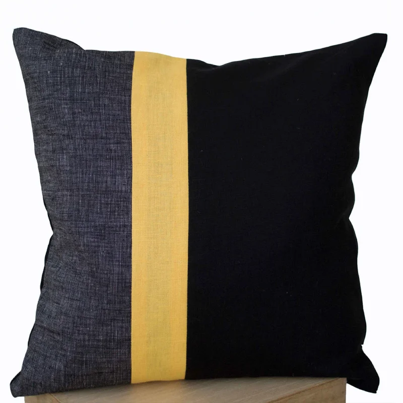 Premium Geometric Accent Linen Pillows Cover With Bold Stripes In Black, Grey And Yellow