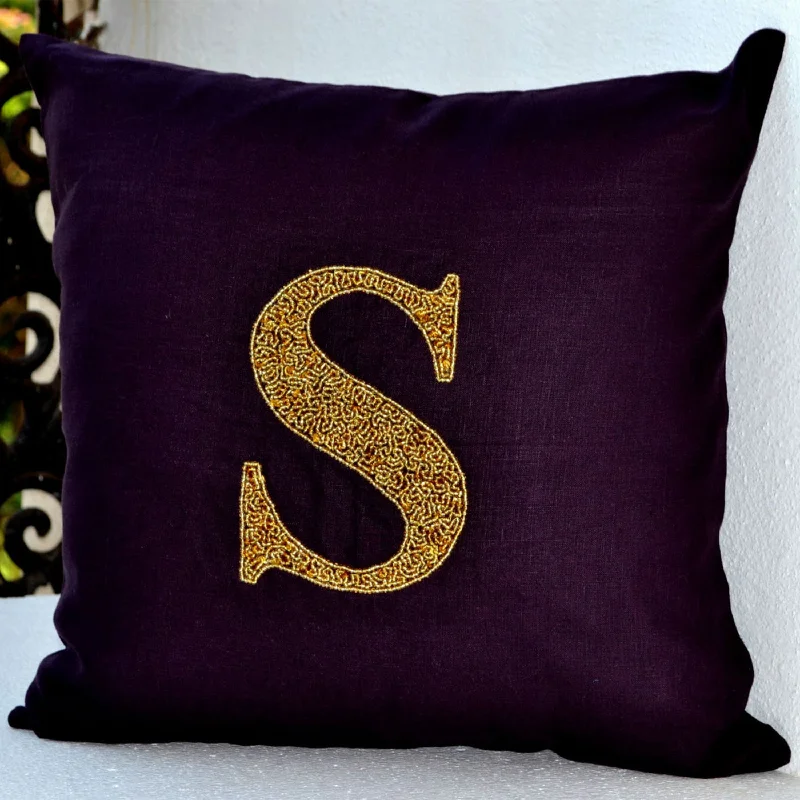 Monogram Pillow - Gold sequin cushion -Purple Linen pillow - 16X16 accent cushion -Decorative linen pillow -gift bead pillow- Initial pillow