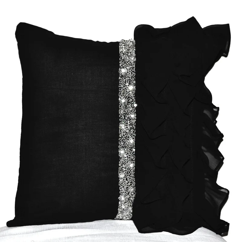 Black Ruffles Sequin Crystal Throw Pillow Cover