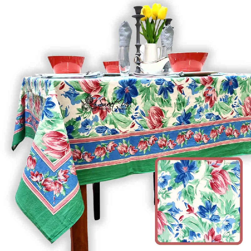 Fleur De Lush Floral Cotton Tablecloth Rectangle Green Blue, Table Linen