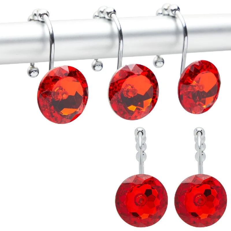 Red Acrylic Diamond Shower Curtain Hooks, Bling Bathroom Decor (Stainless Steel, 12 Pack)