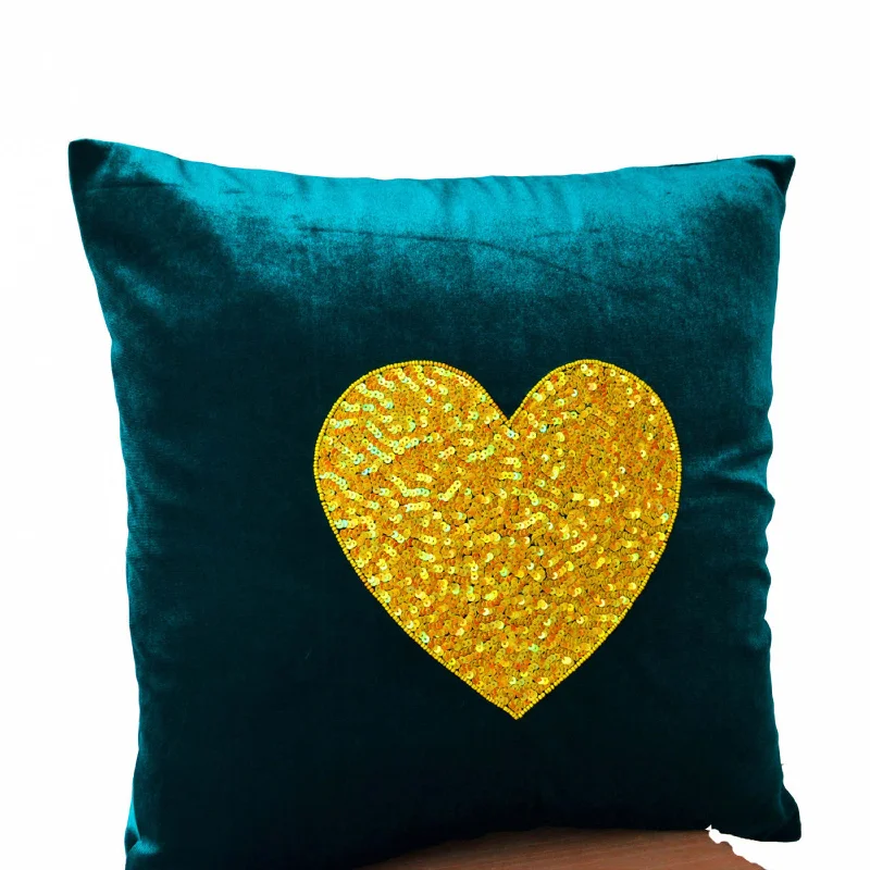 Teal Heart Pillow- Teal velvet Pillows -Velvet Pillows - Decorative cushion cover- Yelow Teal Throw pillow - gift - 16x16 - Couch pillows