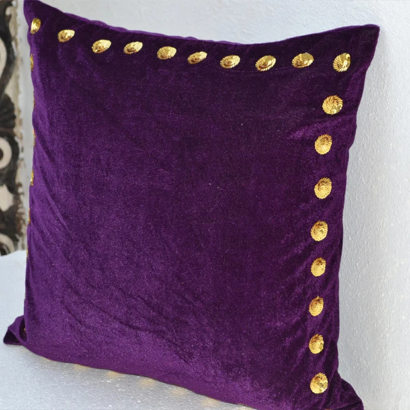 Purple Throw Pillow Cover in Velvet with Gold Sequin Detail Gift Decorative Cushion