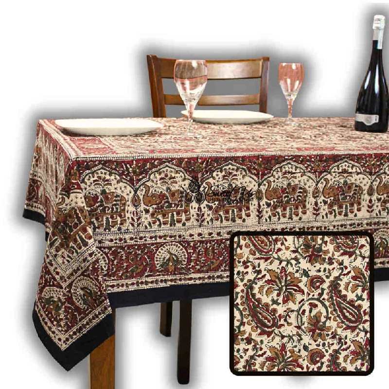 Paisley Safari Block Print Cotton Floral Tablecloth Rectangle, Regal Sands