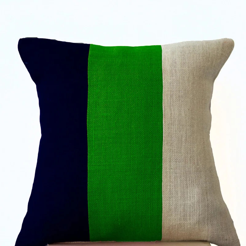 Modern Pillow Color block - Contemporary Pillows in Burlap- Modern decor- Striped Throw pillow covers-16x16- Navy Blue Green Ivory Pillow