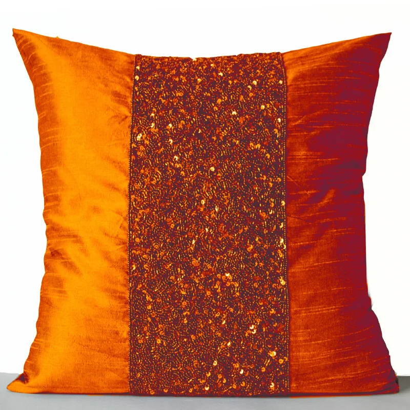 Throw Pillows -Orange Silk Pillows -Orange Sparkle Pillow -Orange Bead Sequin Embroidered Pillow -18x18 -Gift -Registry -Anniversary -Autumn