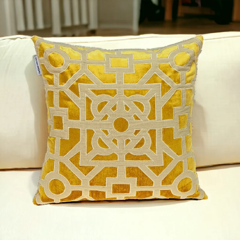 Beige and Mustard Lattice Yellow Velvet Throw Pillow