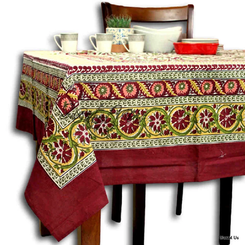 Sunflower Symphony Cotton Floral Tablecloth Rectangle, Burgundy Bouquet