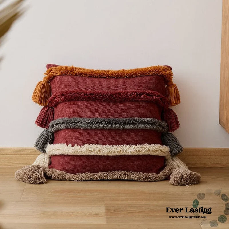 Warm Tone Fall Tufted Pillows with Tassels / Burgundy Red