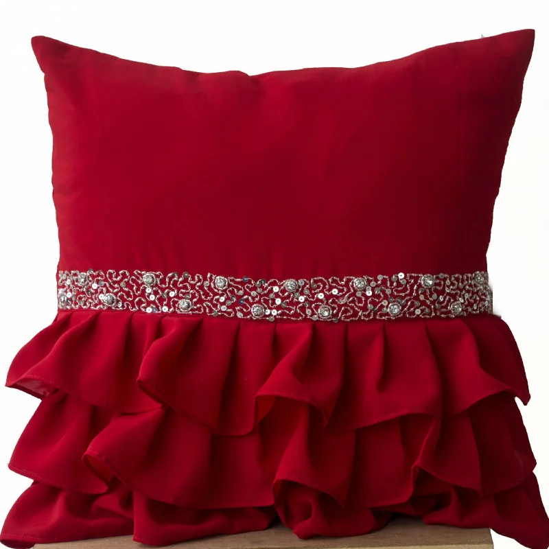 Elegant Red ruffled sequin throw pillow -16X16 Decorative Pillow -Red cushion covers -Gift Pillow -Beaded Pillows -Christmas Pillow Cases