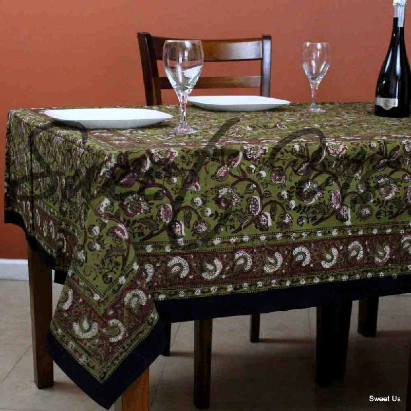 Dabu Block Print Floral Tablecloth Rectangle Green Orange Saffron Dining Linen