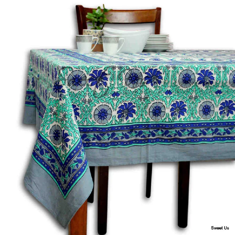 Cotton Floral Geometric Tablecloth Rectangle Blue Turquoise Gray White