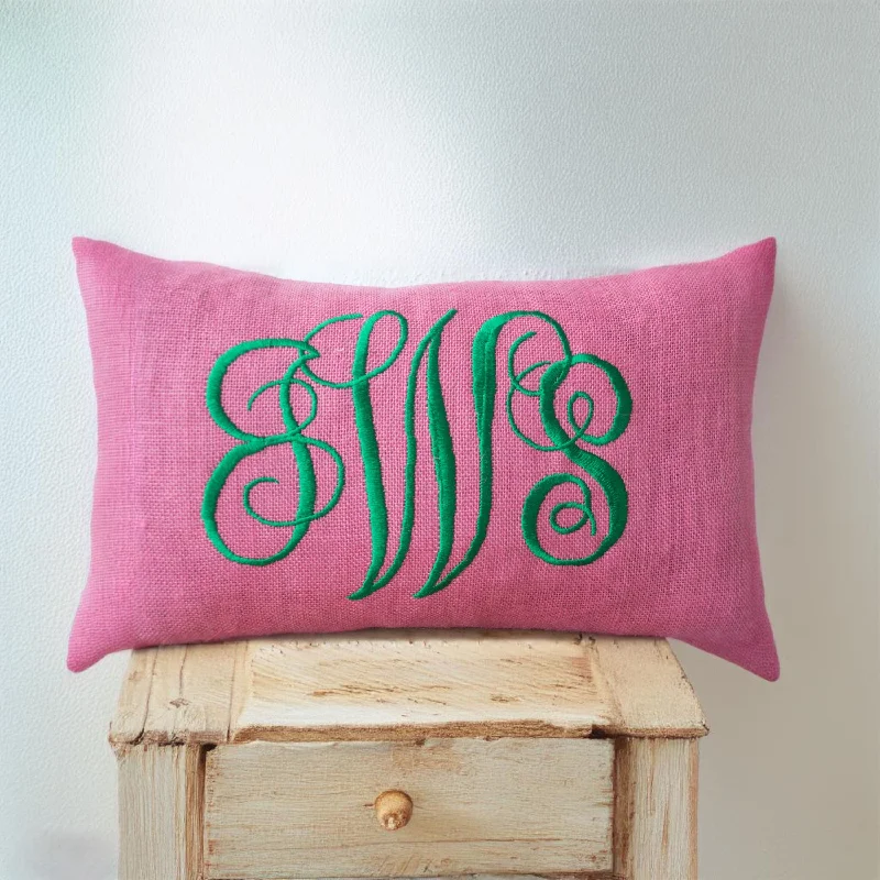 Pink Burlap Custom Typography Monogram Throw Pillow Cover