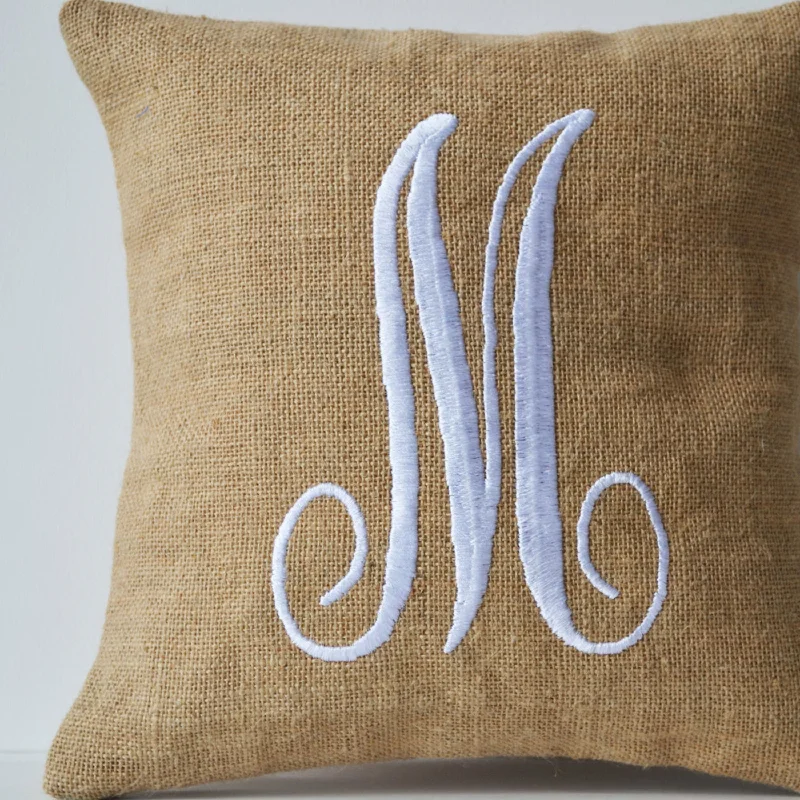 Monogram Pillows- Natural Burlap with White Embroidered Letter Pillow- Custom letter pillows- Gift- 16x16- Cursive letter monogram pillow