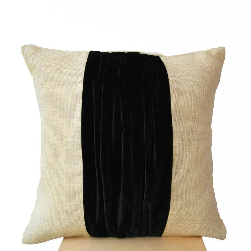 Burlap Pillow Velvet Color Block Pillow Case Decorative Cushion Cover