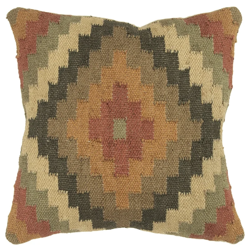 18" Brown and Green Geometric Jute Wool Blend Throw Pillow