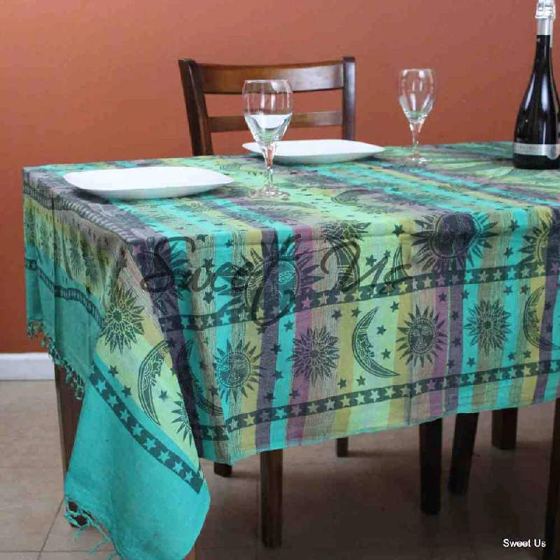 Cotton Celestial Print Floral Tablecloth Rectangle Green Dining Linen