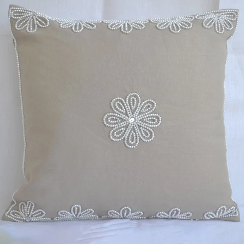 Decorative Pillow Cover In Linen With Pearl Crystal Flower Embroidery