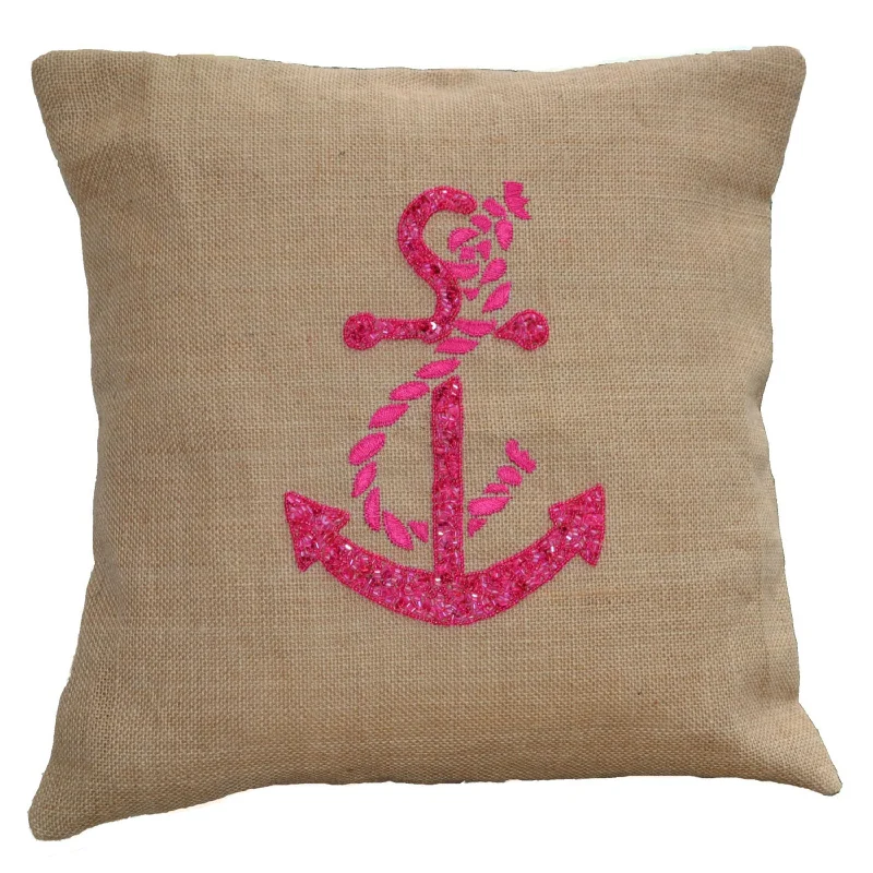 Hot Pink Cute Anchor throw pillows- Nautical pillow covers- Beach pillows - Burlap pillows -Embroidered Pillow -Nautical cushion cover 16X16