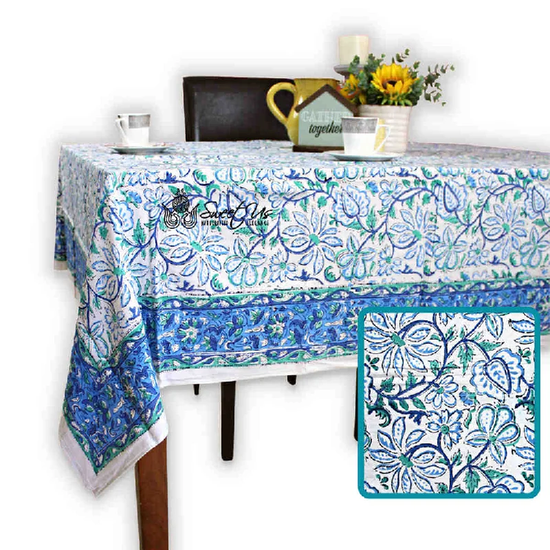 Venetia Block Print Floral Tablecloth Square Denim Blue, Green, White