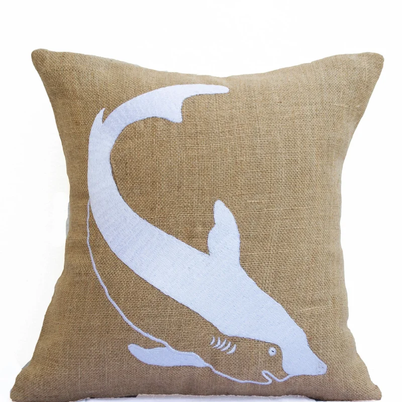 Burlap Pillows Shark Embroidered Beige White Pillow Nautical Sea Life Pillow