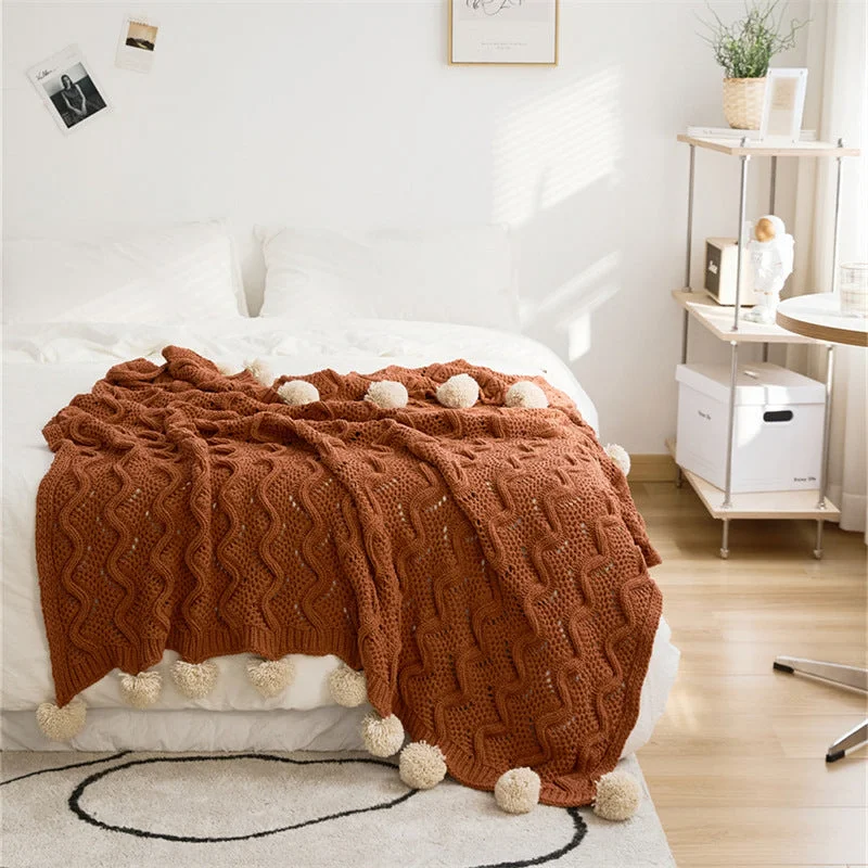 Fuzzy Ball Plush Knit Blanket & Pillow Set / Fire Brick Red