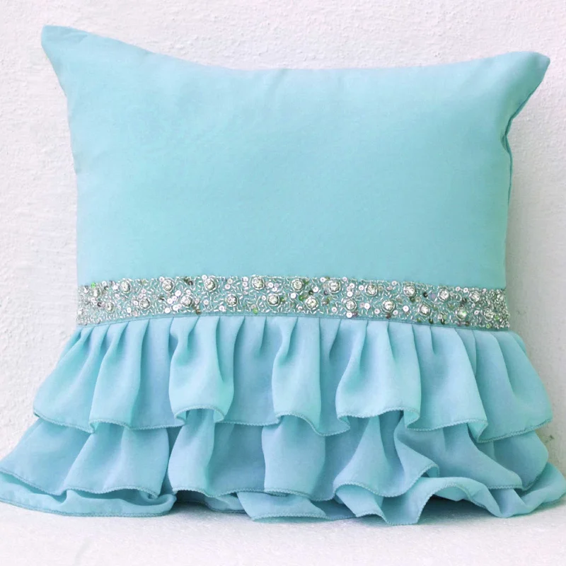 Sky blue ruffled decorative pillow with sequins - Light blue cushion cover - Gift pillows for Christmas,wedding - 16X16  Decorative Pillowa