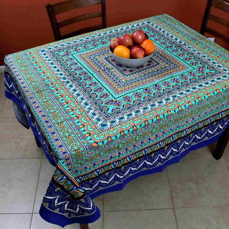 Floral Mandala Cotton Tablecloth Square, Blue Green Beach Sheet