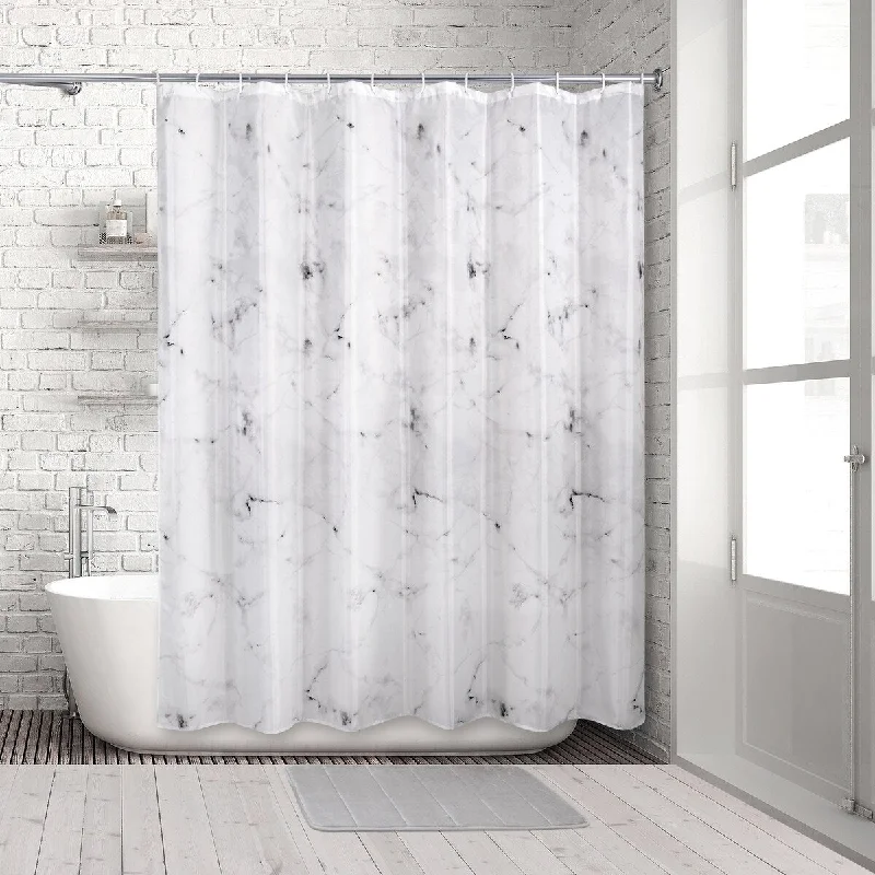 Marble White 14-Piece Bath Set -Shower Curtain, Rug & Hooks - multi