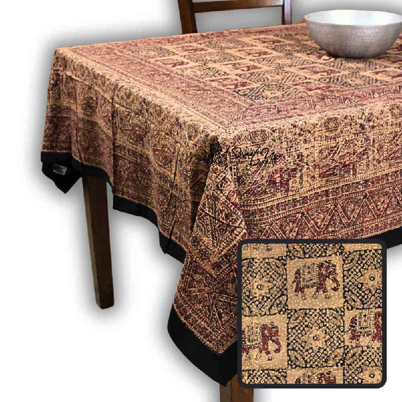 Tusker Trellis Block Print Batik Floral Tablecloth Rectangle, Rustic Reverie