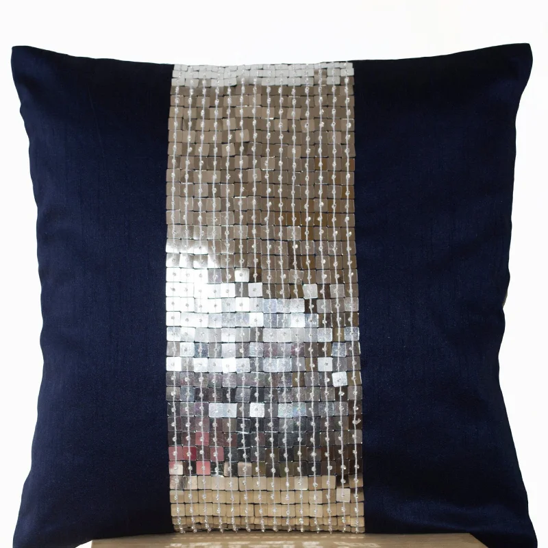 Metallic Throw Pillows -Navy Blue Silver color block sequin bead detail cushion -sequin bead pillow -16X16 -Navy blue pillow -gift -beaded