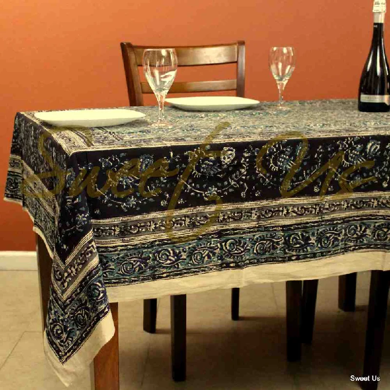 Cotton Vegetable Dye Hand Block Print Tablecloth Rectangle Blue Black Beige