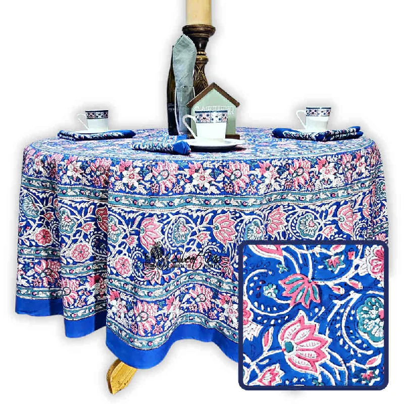 Lotus Dreams Block Print Cotton Floral Tablecloth Round, Sapphire Charm