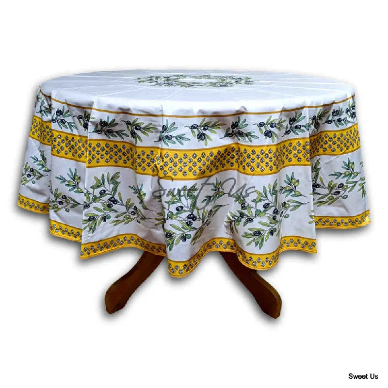 Wipeable Tablecloth Round Spillproof French Acrylic Coated Fleur Oliviers Yellow