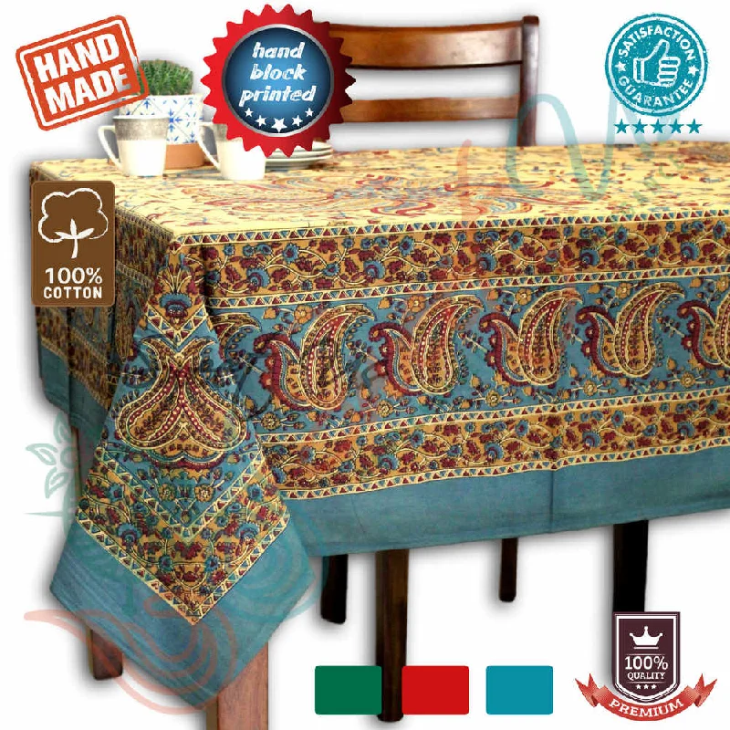 Cotton Block Print Paisley Floral Tablecloth for Rectangle Tables Blue Green Red