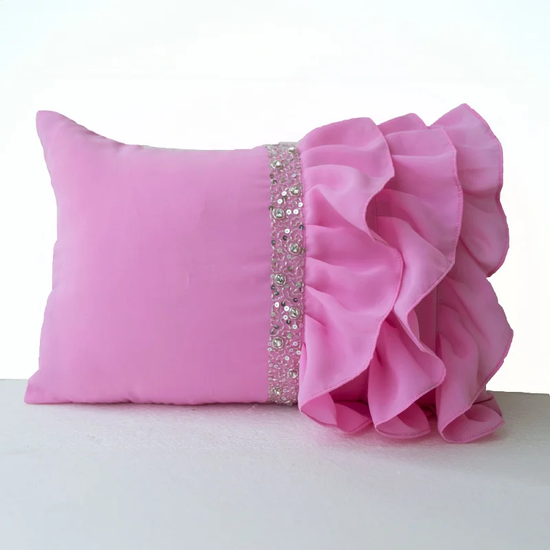 Pink sequin ruffled throw pillows