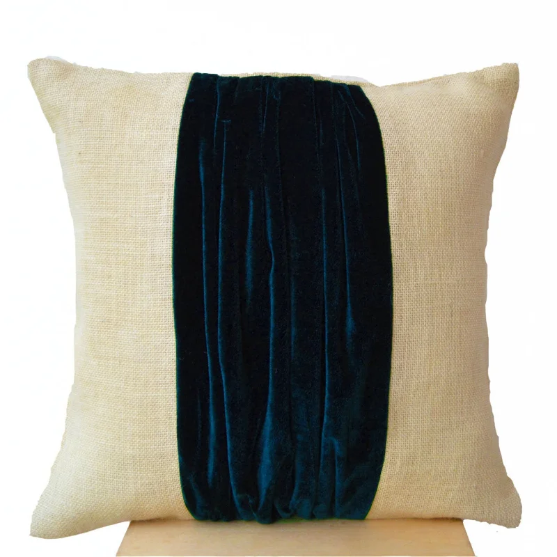 Pillow covers -Color Block Pillow -Burlap Color Block Pillow -Navy Blue Velvet Color Block Cushion -Decorative Throw Pillows -24x24 -Gift