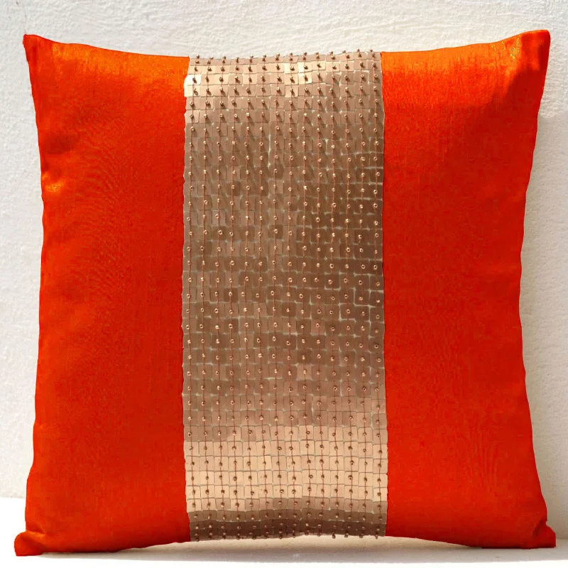 Decorative Throw Pillows -Orange gold color block in silk sequin bead detail cushion -sequin bead pillow -16X16 -Orange pillow -gift pillow