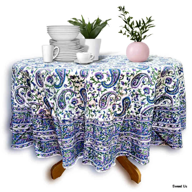 Block Print Tablecloth Round, Floral Paisley Elephants in Blue, Green, Purple