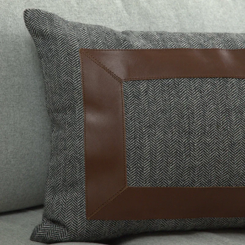 Grey Chevron Wool Throw Pillow Cover With Broad Leather Trim