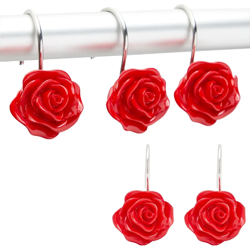 Red Rose Shower Curtain Hooks, Flower Bathroom Decor (Stainless Steel, 12 Pack)