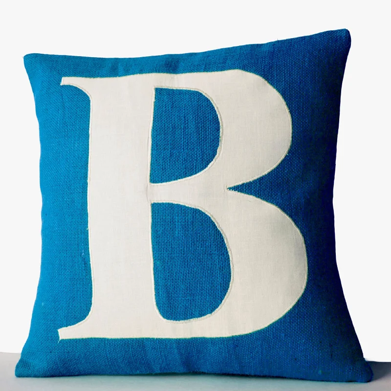 Initial Blue Burlap Pillow Cover With One Letter Custom Monogram For Personalized Home Decor