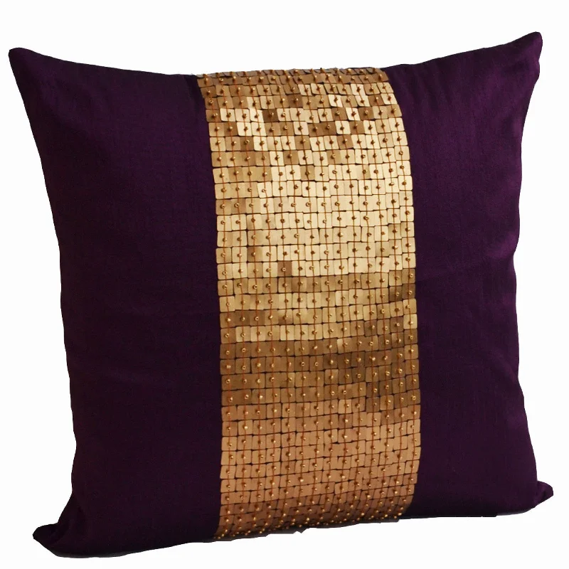 Decorative Throw Pillows -Purple gold color block in silk sequin bead detail cushion -sequin bead pillow - 18X18 Purple pillow - gift pillow